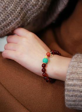 天然8MM血珀南红单圈手串 松石回纹珠路路通吊福牌手链民族风女饰