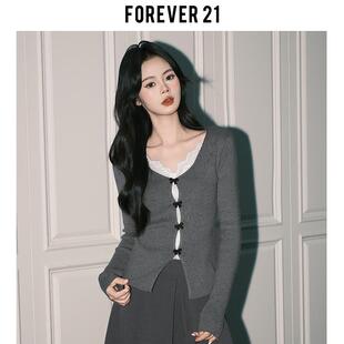 女灰色内搭假两件V领修身 Forever21纯欲蕾丝拼接针织小衫 打底上衣