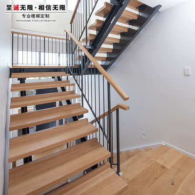 室内整体双梁钢木楼梯别墅阁楼家用定制三跑跃层复式自建房成品楼