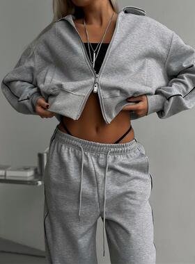 Women's zipper cardigan jacket, sports drawstring pants,