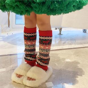 女童圣诞堆堆袜秋冬保暖红色小腿套宝宝日系毛线可爱小鹿提花袜套