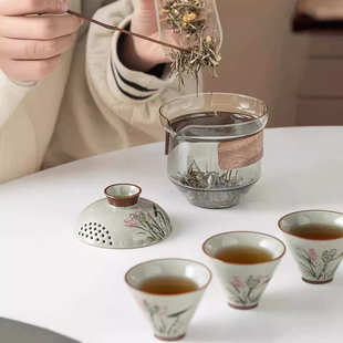 玻璃手绘戏荷盖碗茶杯大号单个高档不烫手抓壶一人功夫茶具泡茶壶