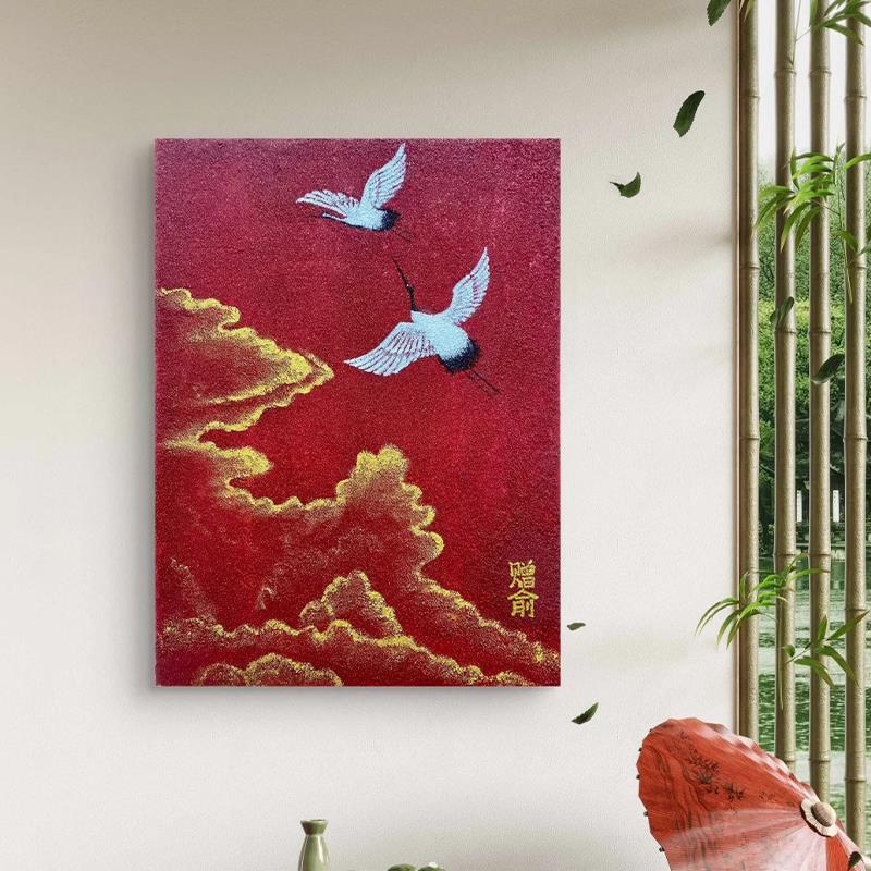 红金祥云仙鹤装饰画新中式客厅挂画玄关吉祥寓意壁画国风美学挂画