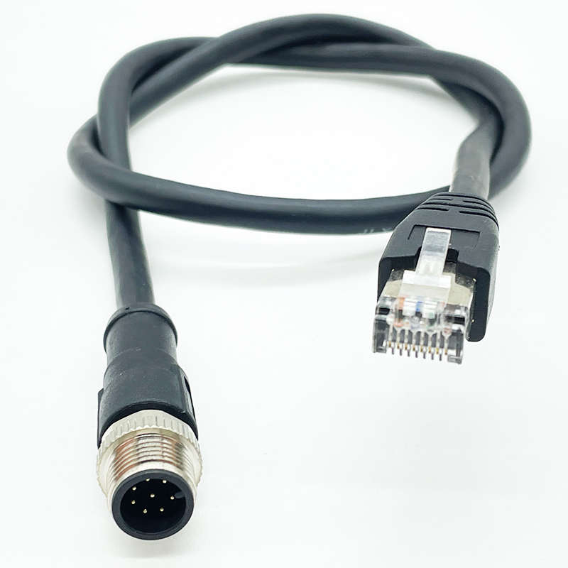 高柔拖链双屏蔽双绞线 RJ45母座转M12连接器4针8芯AD编码防水接头