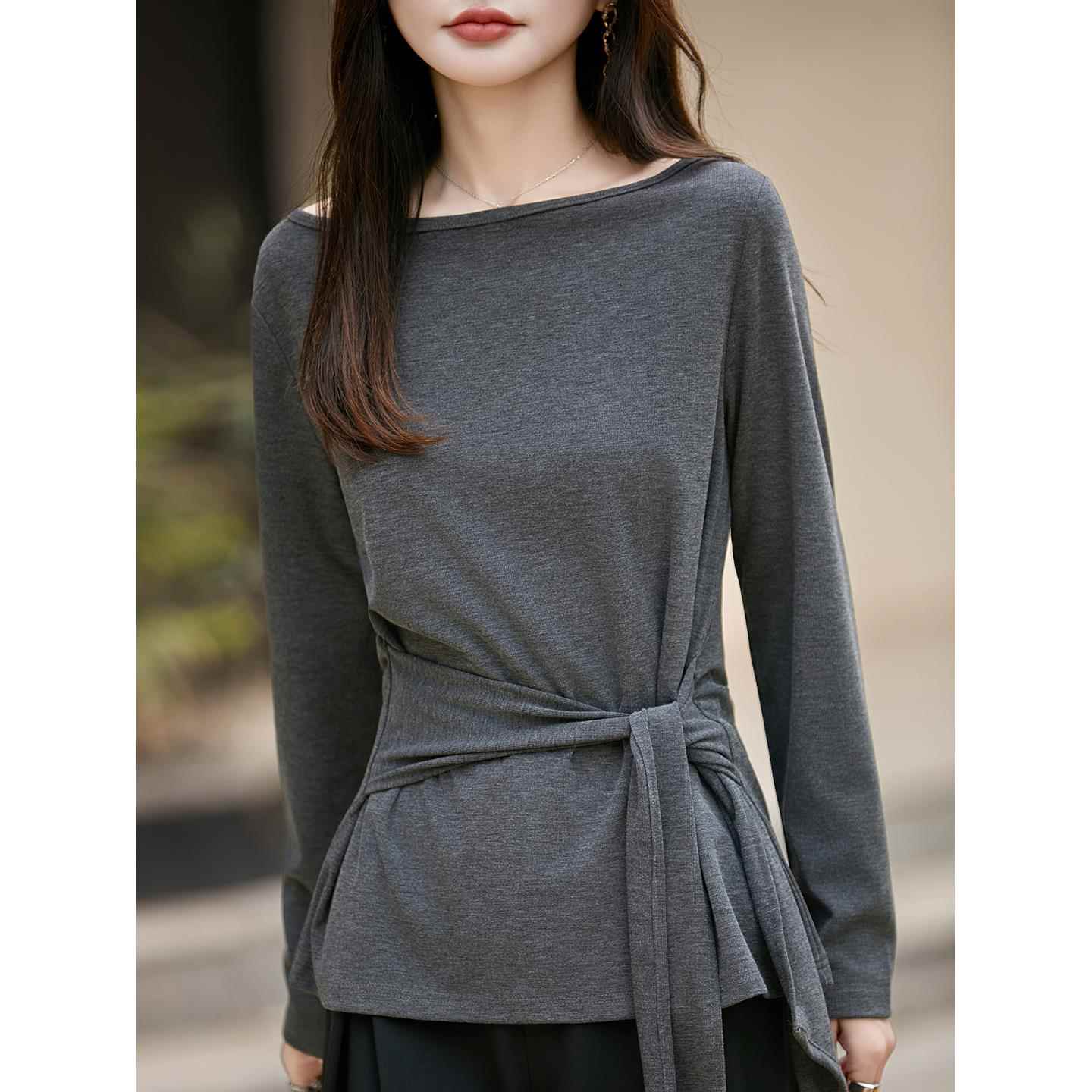 设计感斜肩不规则系带收腰针织衫女时尚秋冬一字领显瘦打底T1126h