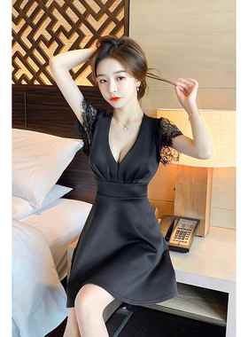 夜 店显V瘦黑色短裙夏低GWP胸领遮肚子夜工作服性夜总店 感连衣场