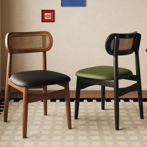 法式覆古全实木餐桌椅靠背餐椅中古休闲 家用酒店藤编椅子网红凳