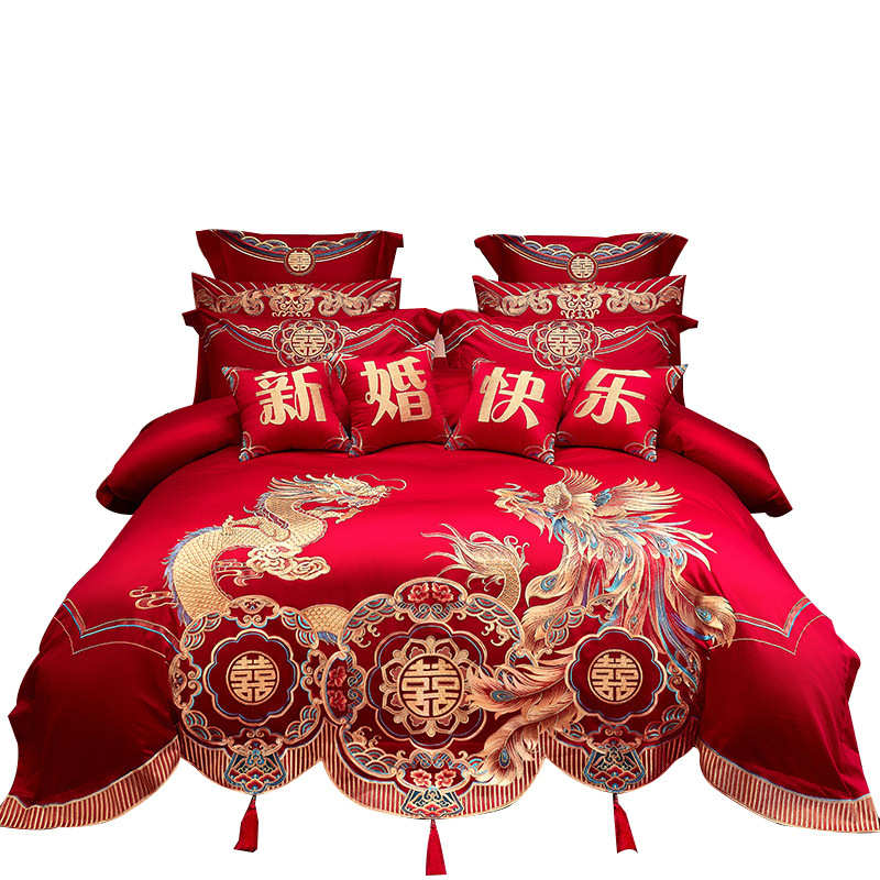 件套房长绒棉龙凤件套床高档10刺绣品全四大红色棉婚结婚陪嫁婚庆