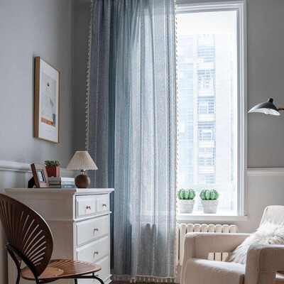 伊缦琪韵窗帘成品条纹绣花绿色纯色撞色厨房帘乡村风格半遮光飘窗