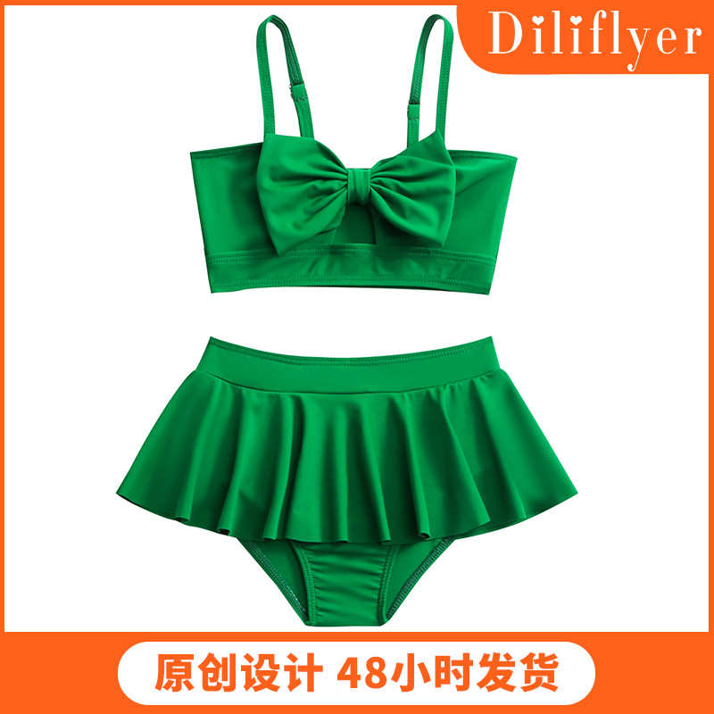 新款女童游泳衣儿童分体泳衣 彩色素色荷叶裙比基尼亲子儿童泳装