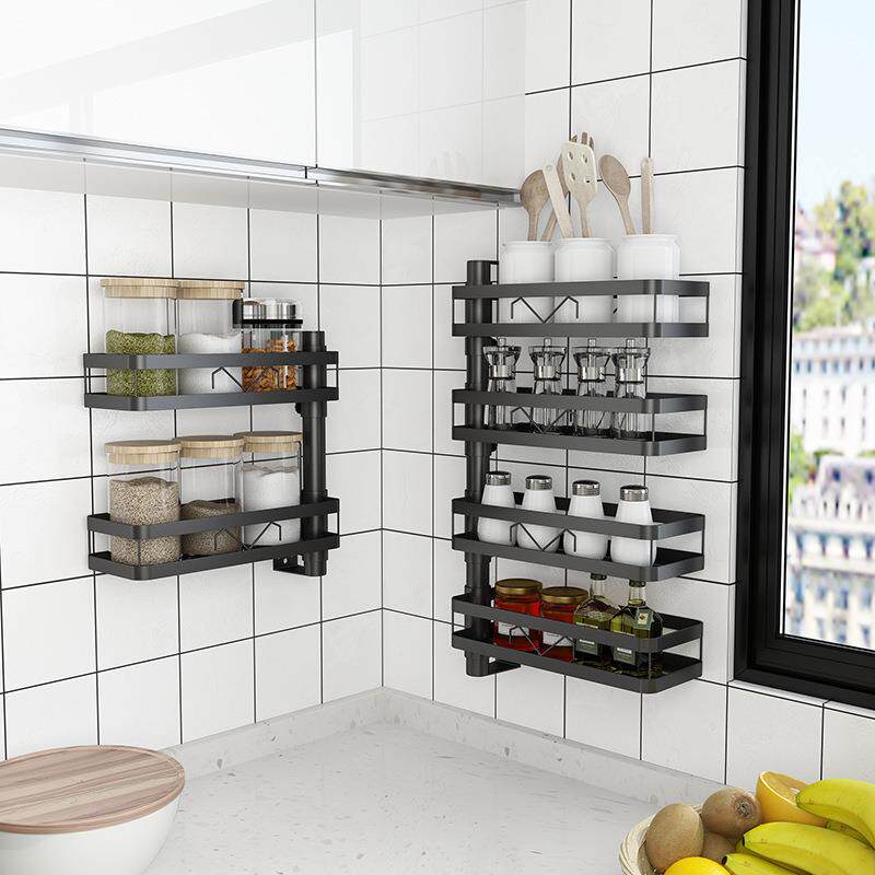 艺钢免打孔厨房转角置物料架调调味架壁挂式可旋转多1ZY61419黑层