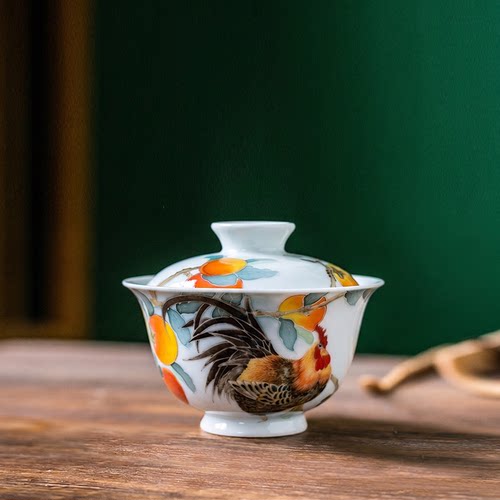 大吉大利高端盖碗釉下彩陶瓷泡茶杯省大师邓剑波纯手绘功夫茶碗