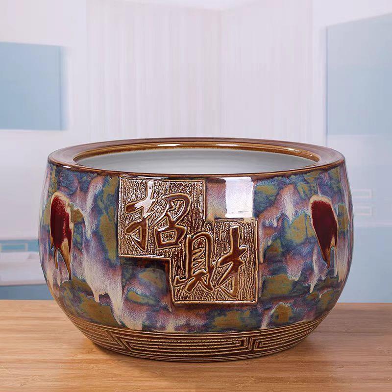 陶瓷花盆景德镇陶瓷摆件陶瓷聚宝盆招财进宝字样桌面摆件玄关摆件