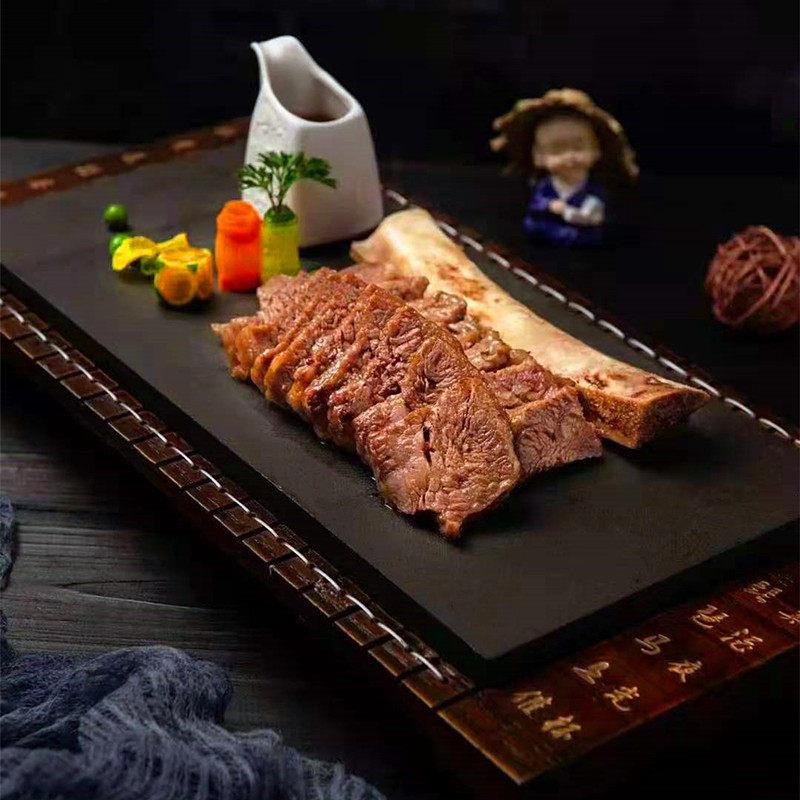 中式长方乌金石板平盘特色酒店用装牛肋骨意境菜创意厨师比赛餐具