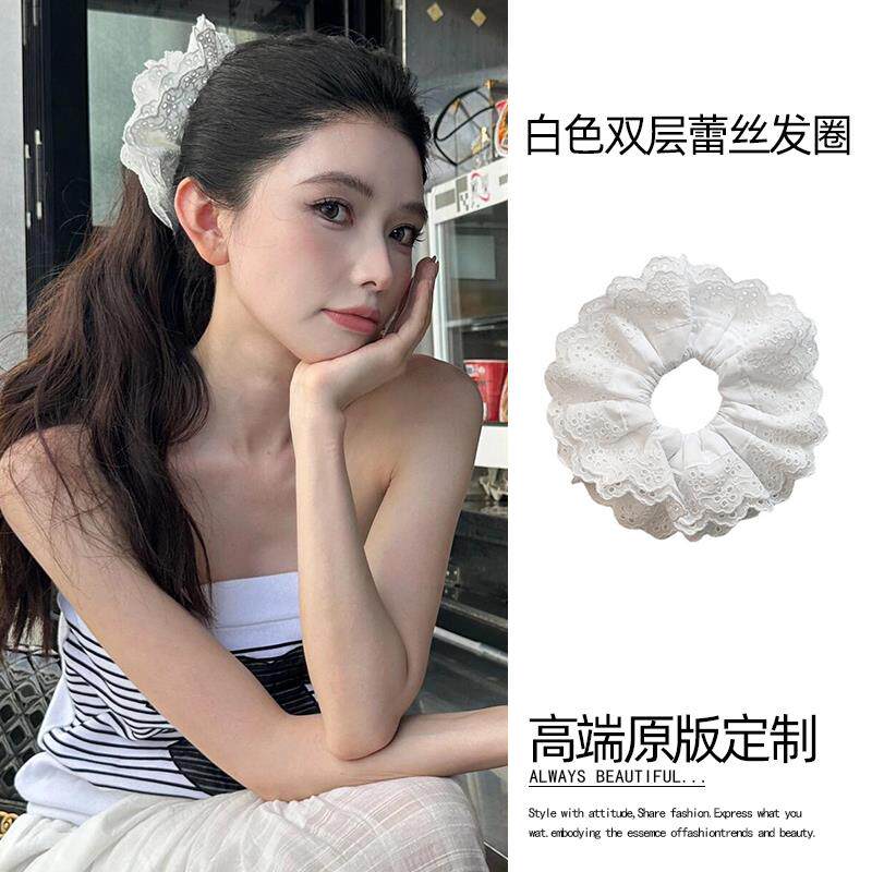 韩系丸子头~纯白色双层蕾丝大肠发圈头绳大头花头饰女高级感发绳
