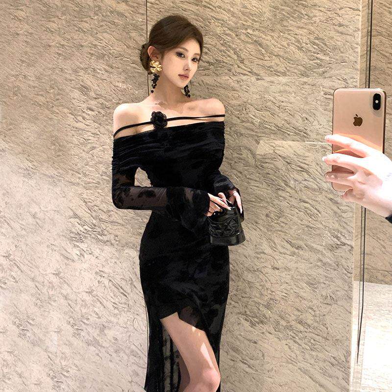 名媛御姐风晚宴会生日礼服高端气质法式黑色性感长裙一字肩连衣裙