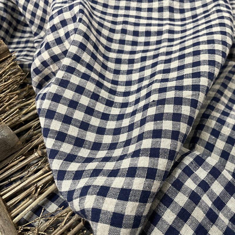 布久以逅原创肌理感色织纯亚麻格子布料旗袍连衣裙衬衫服装面料蓝
