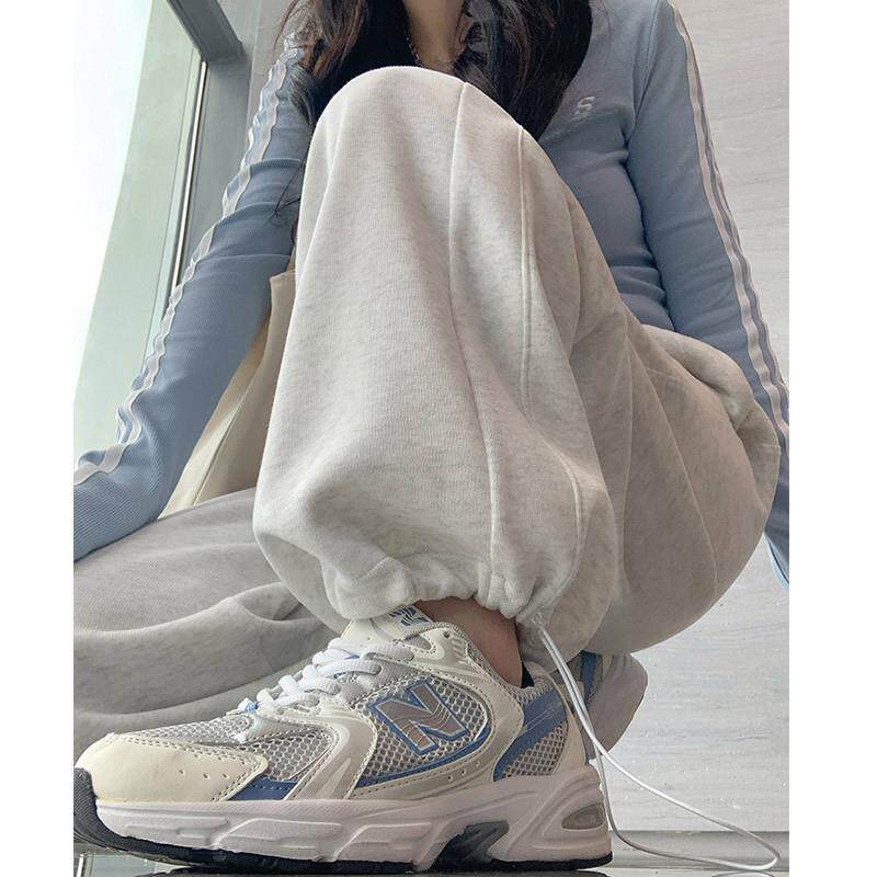 白灰色运动裤女2025春款高腰显瘦垂感美式宽松束脚两穿休闲裤子定