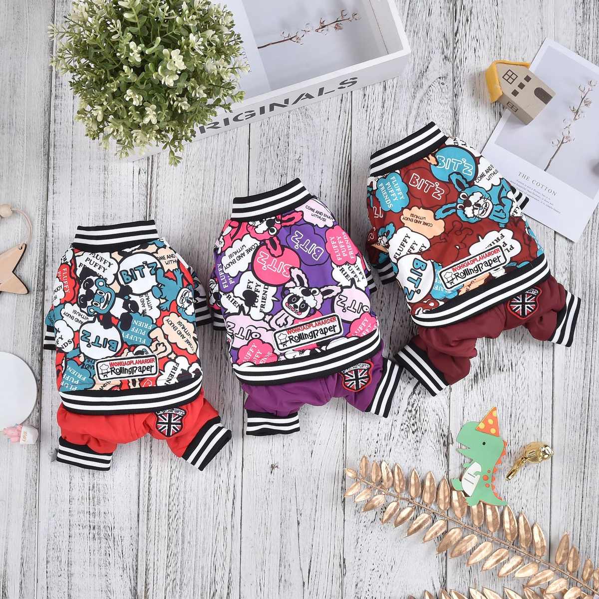 加厚绒防风秋冬衣服宠物卡通棉服狗狗彩印防风裤保暖四脚中小型加