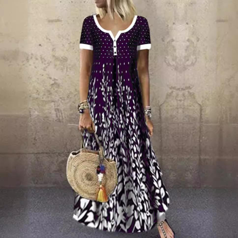 short-sleeved long dress V-neck size cotton Temperament