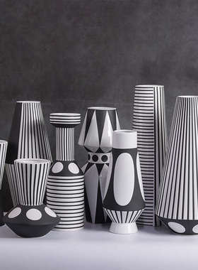 现代北欧极简磨砂凹凸黑白条纹几何陶瓷花瓶摆件家居样板房饰品