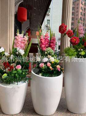 玻璃钢斜口花盆组合白色种植花缸市政公路花器花钵售楼处美陈摆件