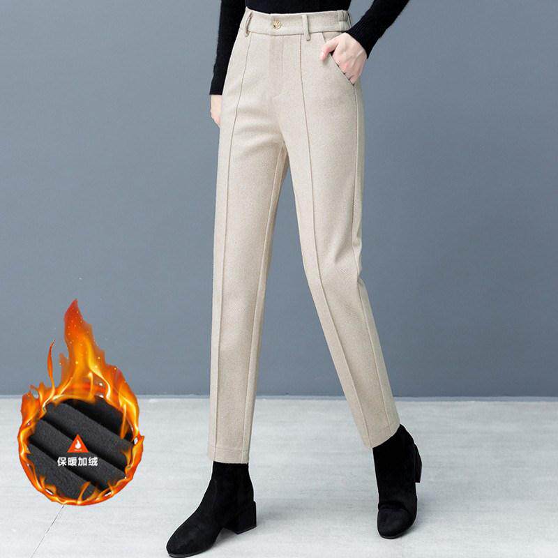 杏色毛呢裤子女2025春秋新款加绒加厚直筒西装女裤显瘦休闲萝卜裤