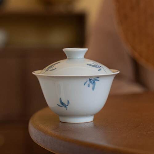仿古青手绘兰花盖碗釉下彩手绘陶瓷仿古泡茶碗文人茶室泡碗盖杯