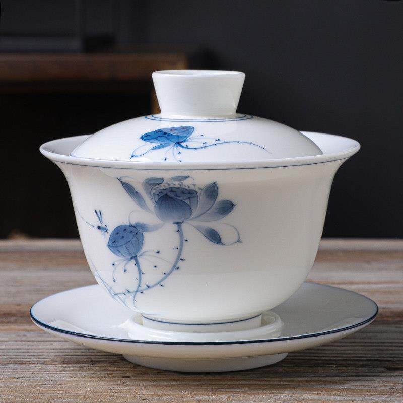 乳脂玉手绘白瓷三彩碗茶杯单大200ml非热陶瓷茶碗茶具套装