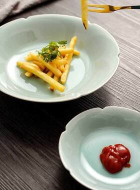 青瓷家用中式盘子餐具仿宋代风茶点果盘葵口碟子点心深盘菜盘