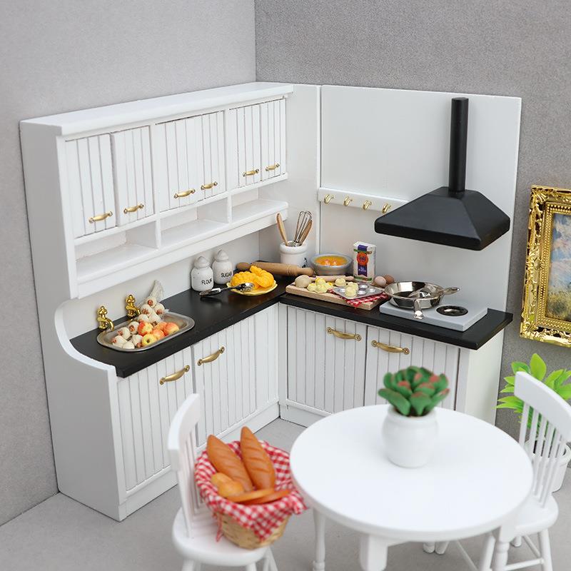 1:12dollhouse娃娃屋厨房场景模型白色欧式厨房两件套