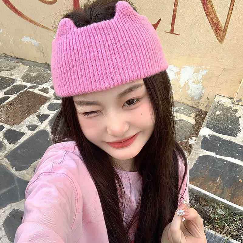秋冬款月子发带宽边网红毛线针织发带猫耳朵帽子防风头套成人发带