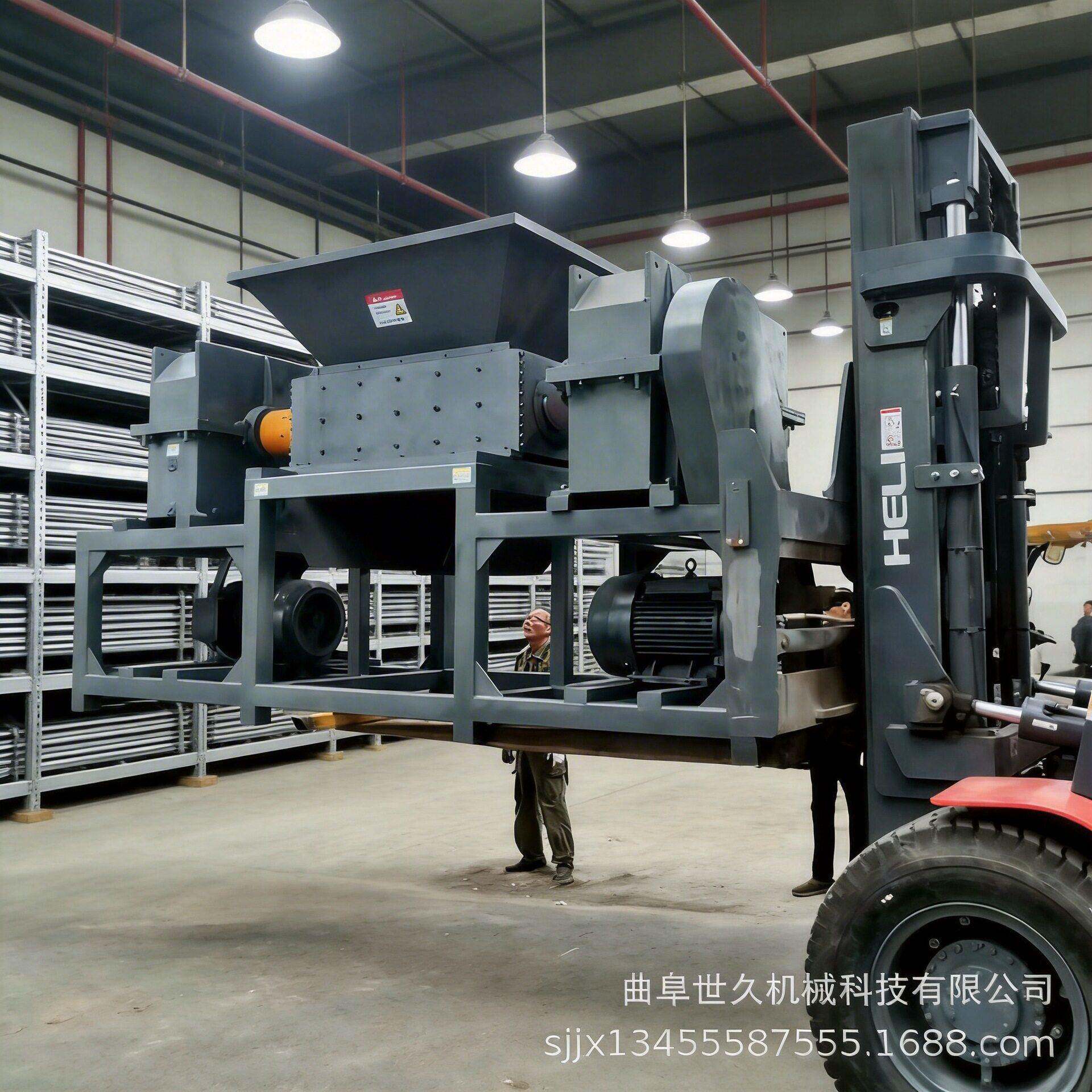世久垃圾桶对辊撕碎机 多功能废旧塑料打包带旧金属轮胎破碎设备