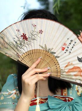 古风扇子折扇中国风夏季便携折叠复古汉服旗袍走秀舞蹈猫咪蝴蝶扇
