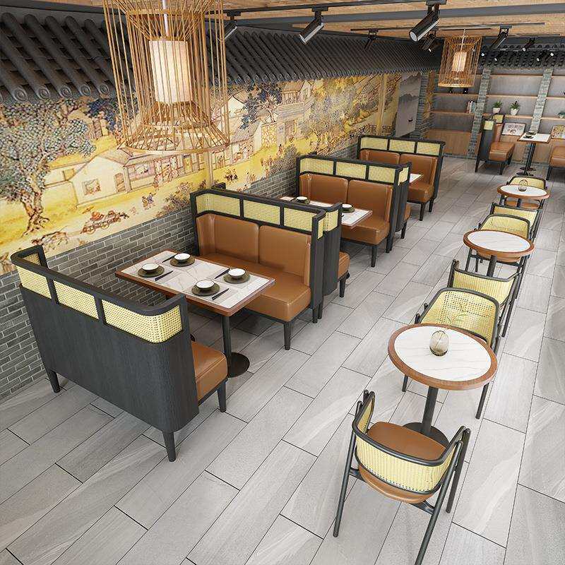 新中式茶餐厅靠墙卡座沙发咖啡厅酒吧饭店餐厅编藤实木餐桌椅组合
