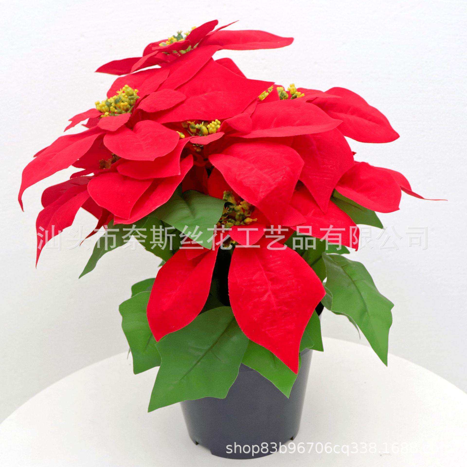 圣诞仿真花盆栽人造假花盆景装饰室内外节日摆件一品红新年绢花