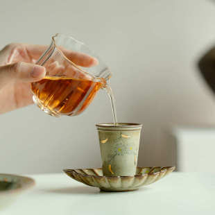 仿古描金纯手绘小雏菊小高足圆杯主人杯复古品茗杯喝茶杯陶瓷茶杯