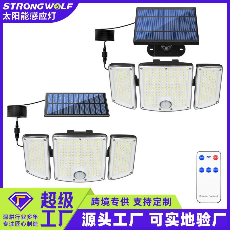 厂家跨境新款户外壁灯三头感应灯太阳能灯多功能庭院灯车库路灯