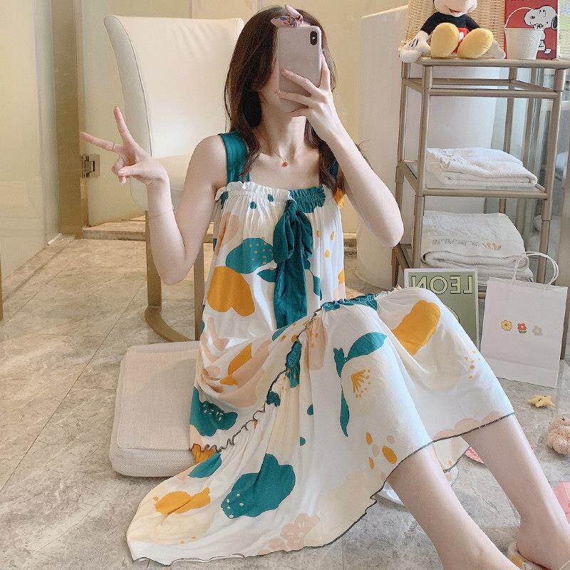 睡裙女夏季薄款莫代尔吊带加肥加大码长版过膝女士睡衣夏天家居服