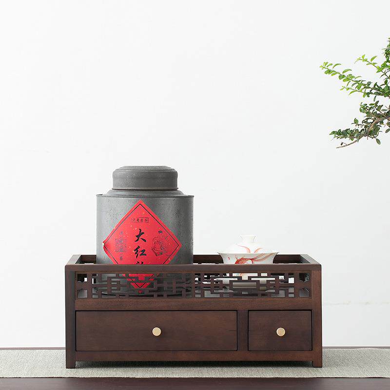 胡桃实木围栏置物架储物柜子普洱茶盒收纳盒中式复古茶道摆放装饰