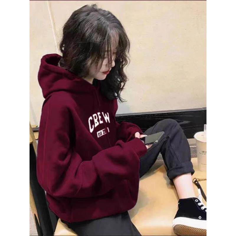 酒红色连帽卫衣外套女2025秋季新款美式宽松休闲休闲帽衫长袖上衣