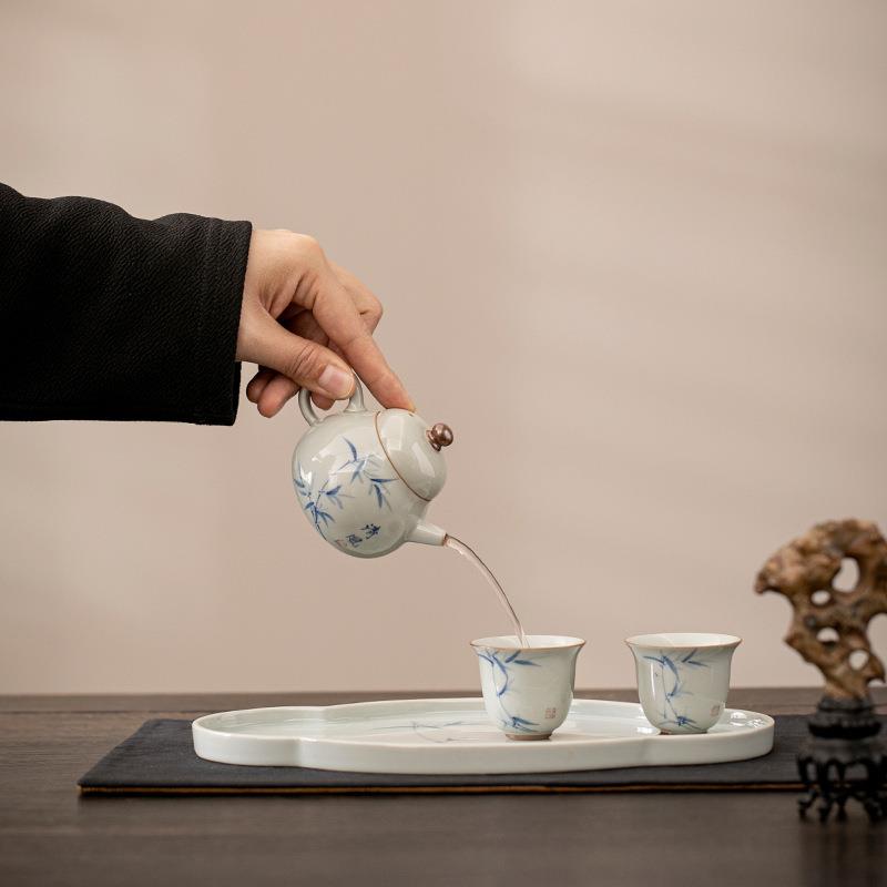 中式陶瓷指尖壶釉下彩竹子泡茶壶个人专用单壶复古迷你手抓壶