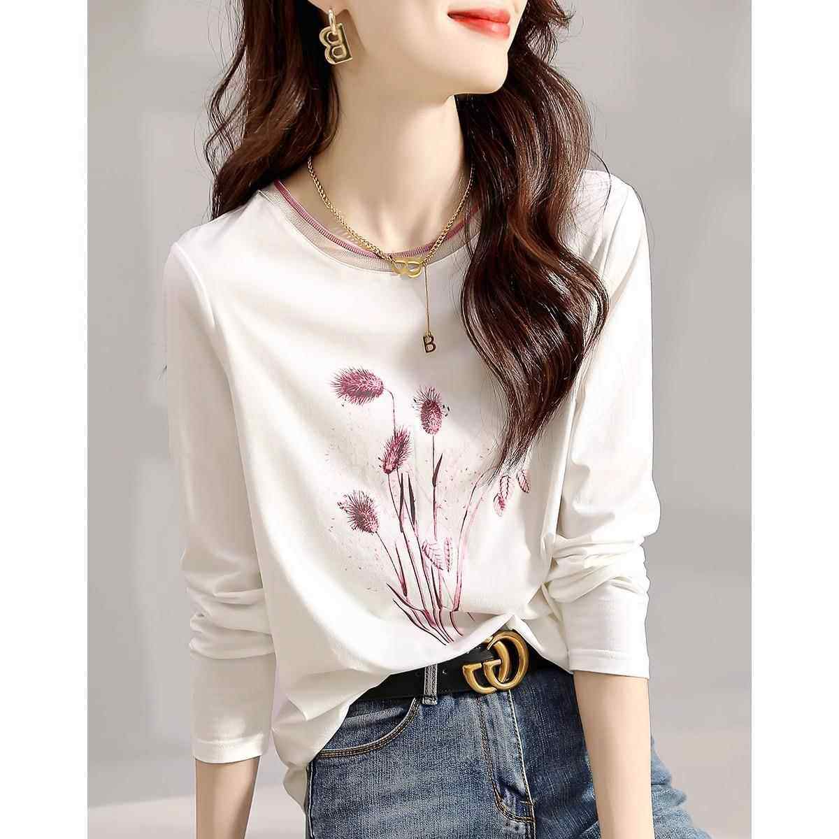 欧洲站白色长袖t恤女2026春秋冬新款大码圆领百搭印花打底衫0119h,女装/女士精品,T恤,淘宝优惠券,粉丝福利购,淘宝优惠卷