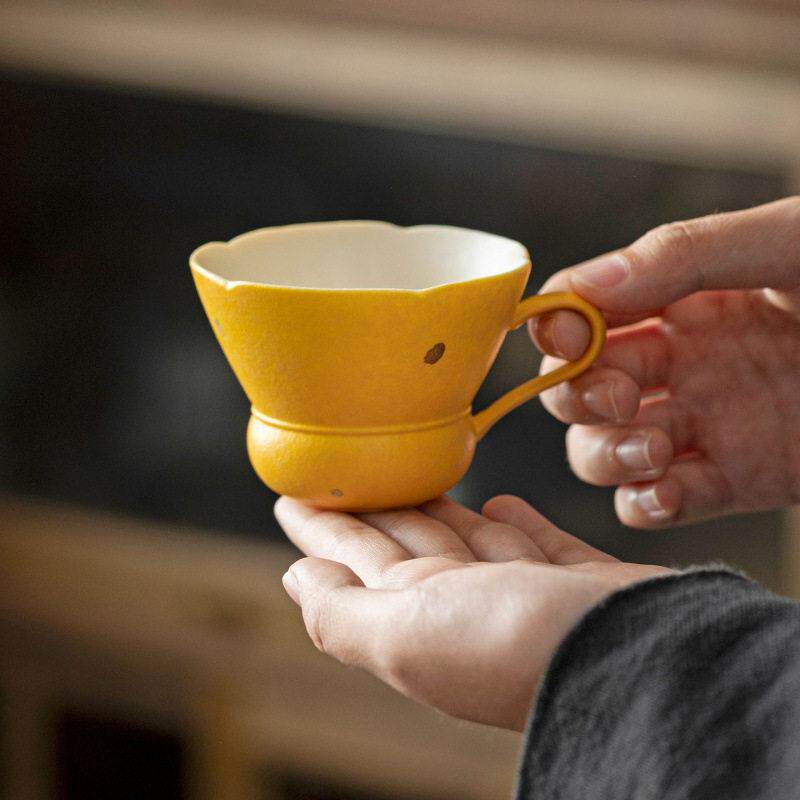 柠檬黄洒金陶瓷把手杯茶杯主人杯带手柄品茗杯小号咖啡杯有耳茶杯