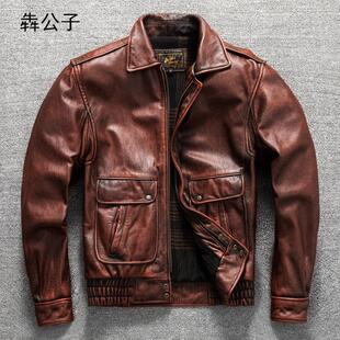 犇公子覆古宽松休闲大码 飞行服头层牛皮真皮皮衣秋冬外套 翻领男士