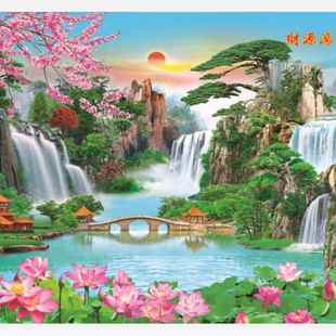 风水画瀑布山水风景画客厅家居墙画年画装饰画复膜印刷贴画俩包邮