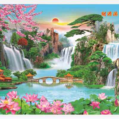 风水画瀑布山水风景画客厅家居墙画年画装饰画复膜印刷贴画俩包邮