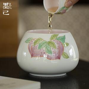 墨己白瓷手绘桃子建水茶道配件陶瓷茶洗废水缸水盂摆件家用大号