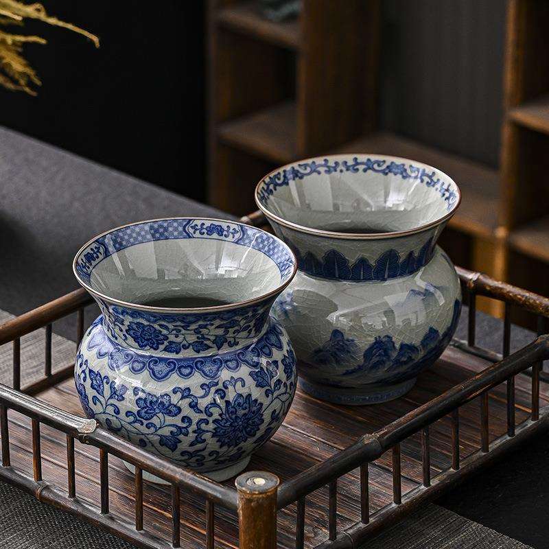 老陶泥青花茶渣缸建水茶洗陶瓷茶盂水盂茶水桶笔洗茶道零配桶