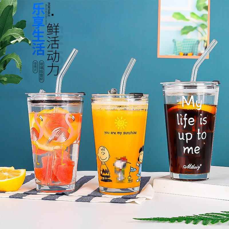 吸管杯涂鸦玻璃水杯早餐牛奶杯刻度地推引流小礼品玻璃杯钢化玻璃